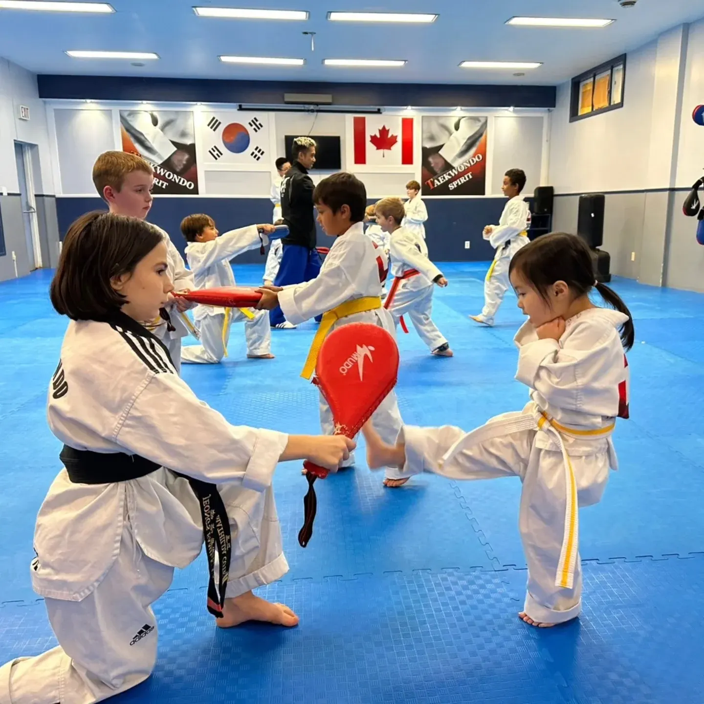A child in a yellow belt kicks a red paddle held by a kneeling black belt, with classmates training behind them