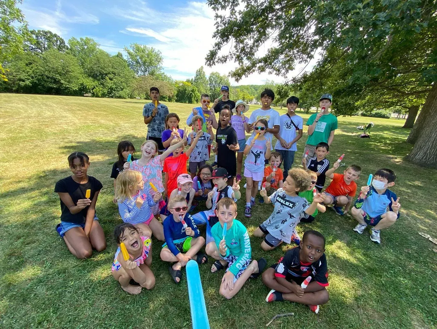 Summer campers on the grass in a park, many holding ice pops