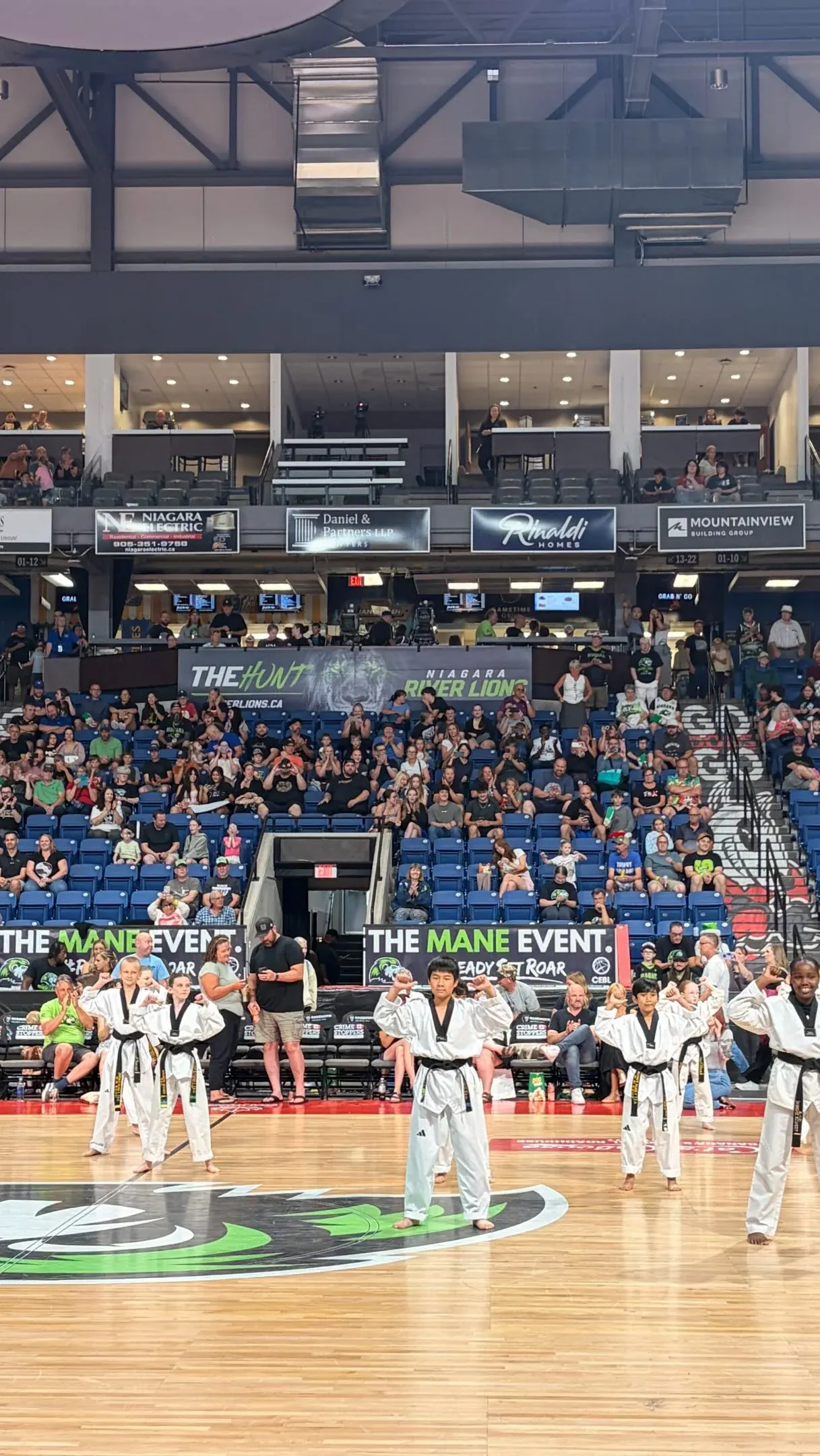 Our Demo Team performs on the court at a Niagara River Lions game, in front of the crowd