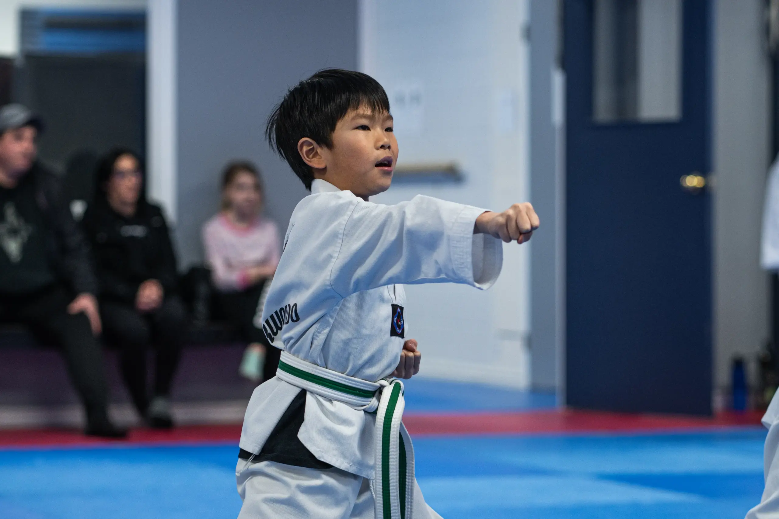 A young student throws a straight punch in class, his other fist pulled back to his hip