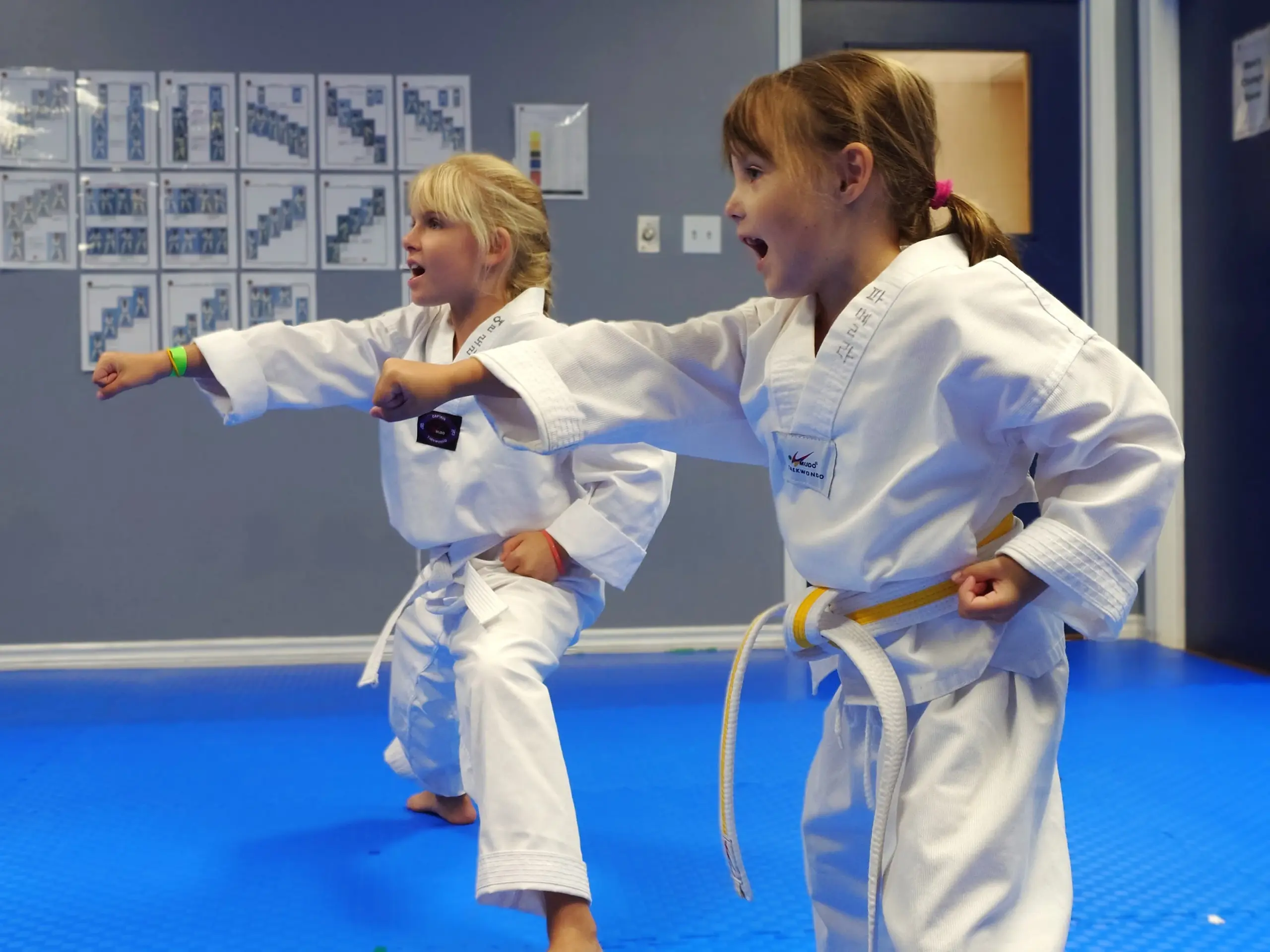 Two girls punch with a shout, each with her other fist pulled back to her hip